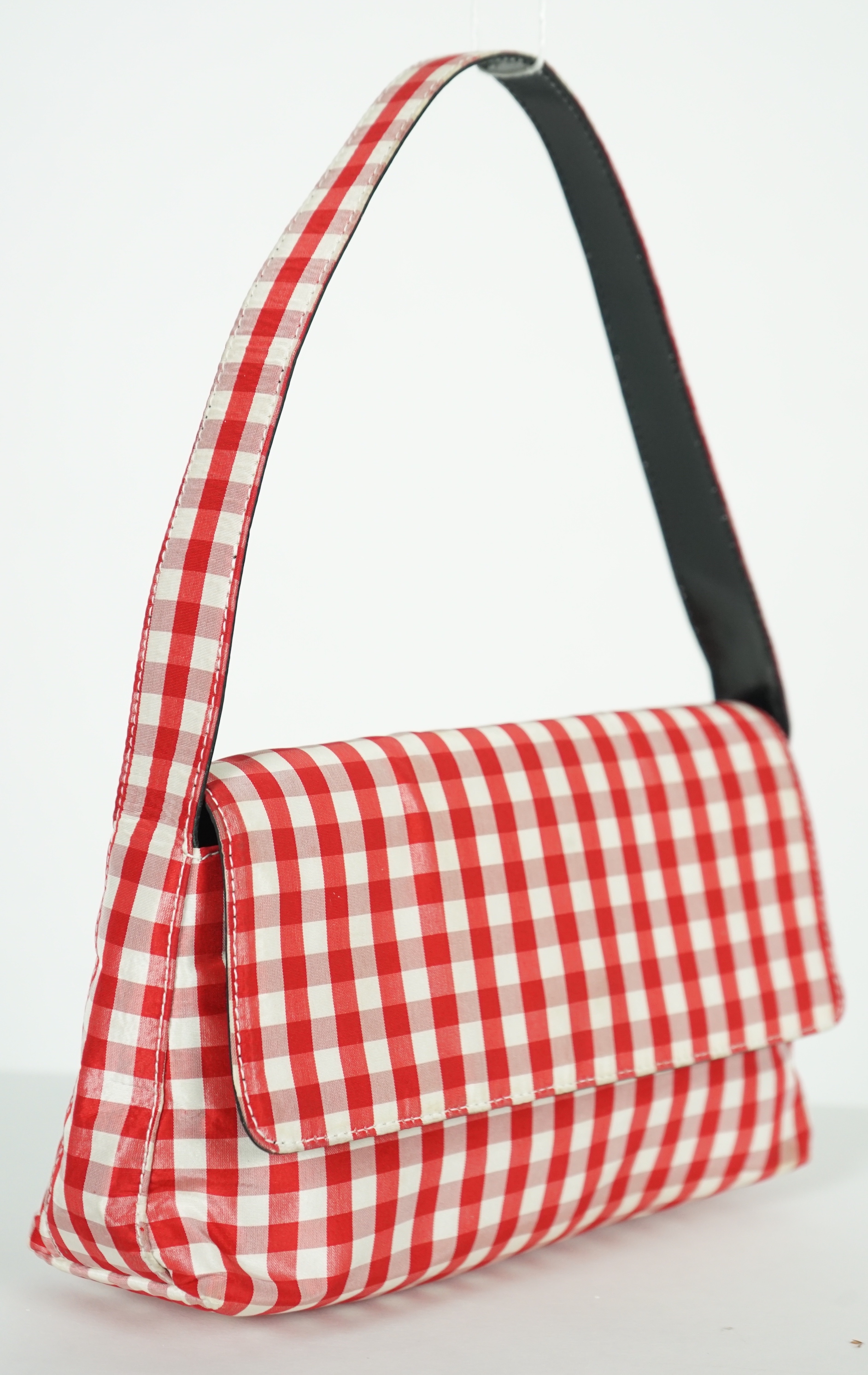A Ralph Lauren red and white gingham satin evening bag, width 22cm, height 14cm, overall height 30cm, depth 5cm